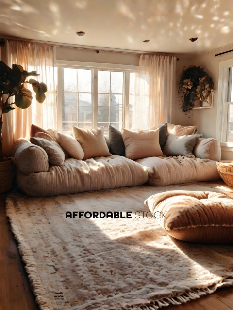A large, white, plush couch with pillows and a rug