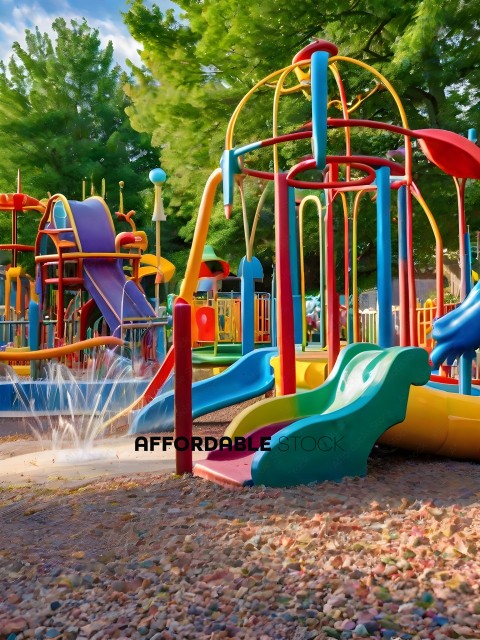 A playground with a water fountain and a slide