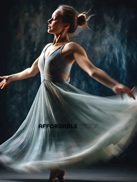 A woman wearing a blue dress is dancing