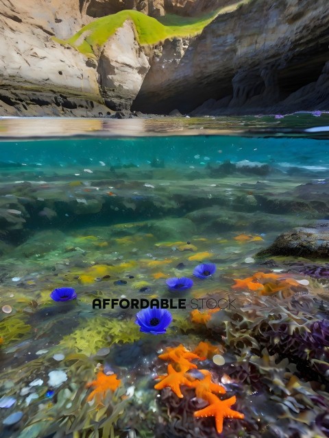 A beautiful underwater scene with blue flowers and orange and yellow seaweed