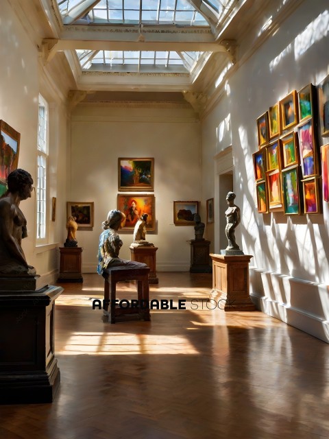 A museum with statues and paintings on display
