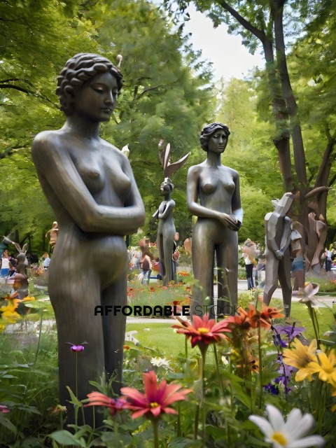 Statues of women and children in a garden