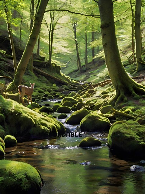 A deer standing in a stream surrounded by mossy rocks