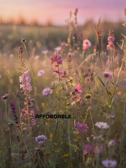 A field of flowers with a sunset in the background