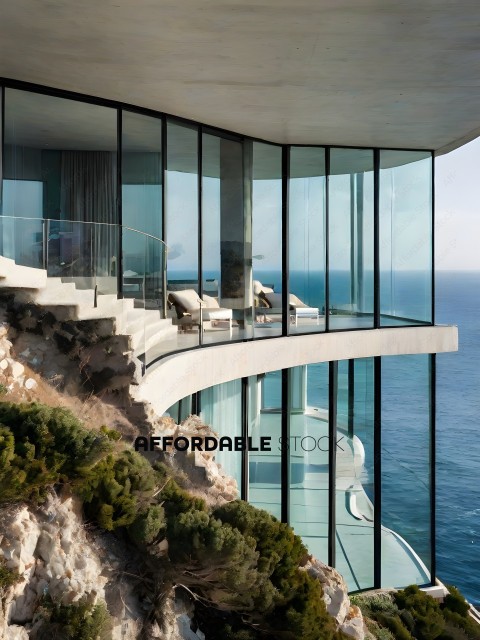 A glass building with a balcony overlooking the ocean