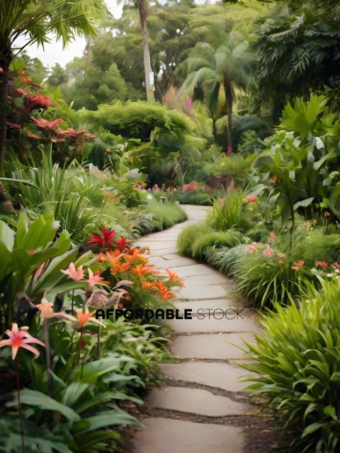 A pathway lined with flowers and plants