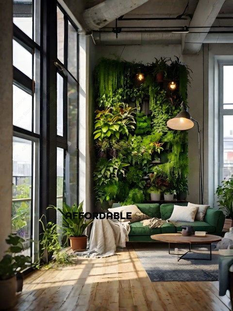 A living room with a green couch and a green wall with plants