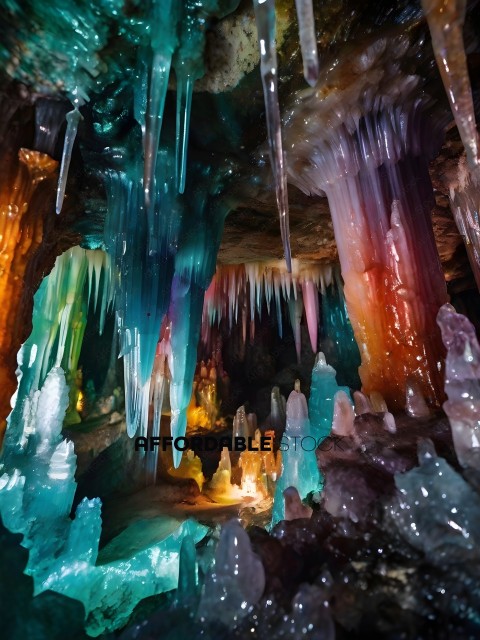 A cave with blue and yellow lights