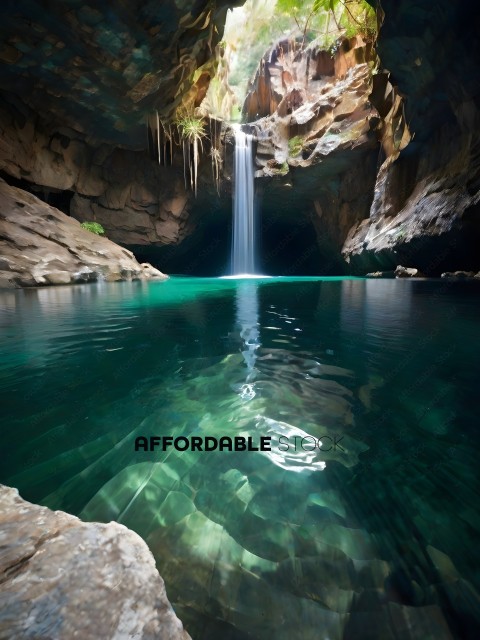 A waterfall in a cave with a reflection