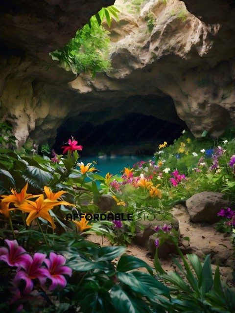 A beautiful garden with a waterfall and a cave