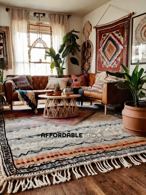 A cozy living room with a colorful rug and decorative plants