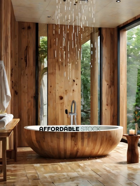 A wooden bathtub with a shower head