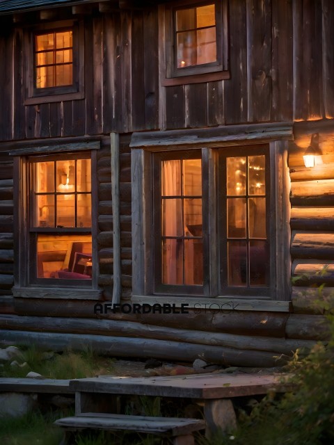 A cabin with a warm glow from the windows