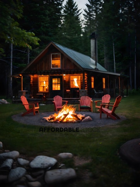 A rustic cabin with a fire pit and chairs