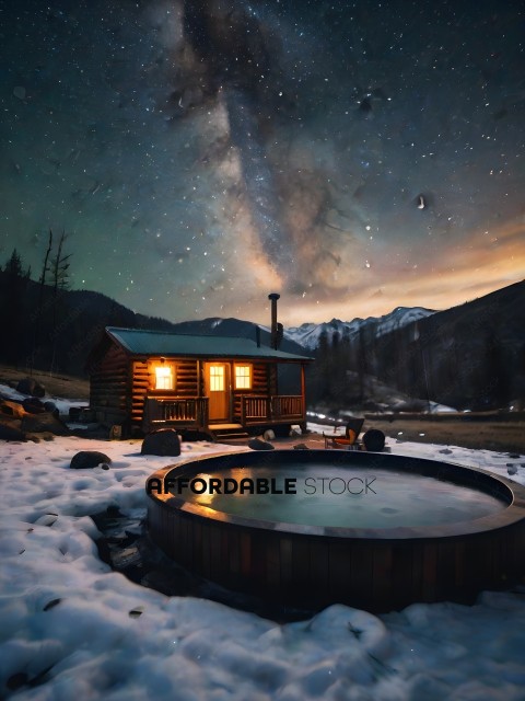 A hot tub in the snow with a cabin in the background