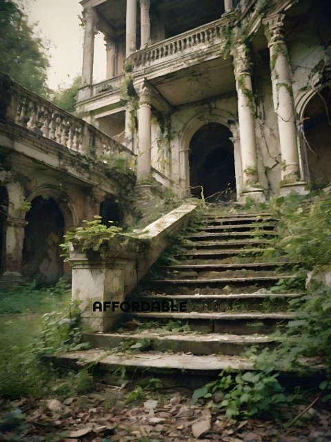 A crumbling, abandoned mansion with ivy growing up its walls