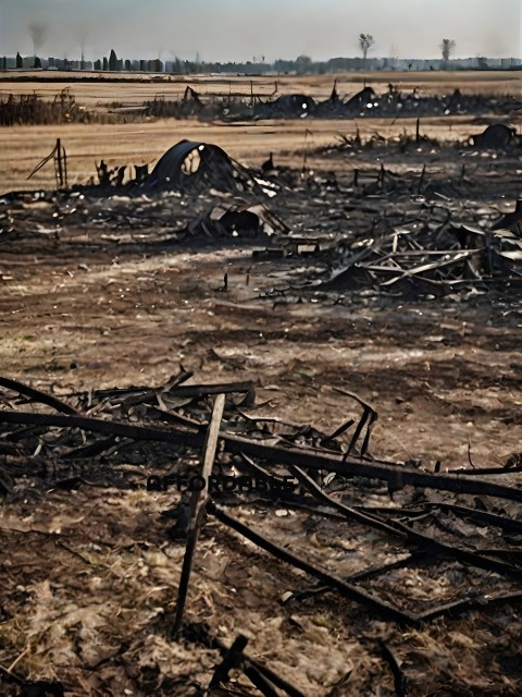 A burned out field with debris
