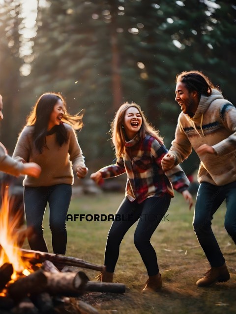 Four friends laughing and dancing around a fire