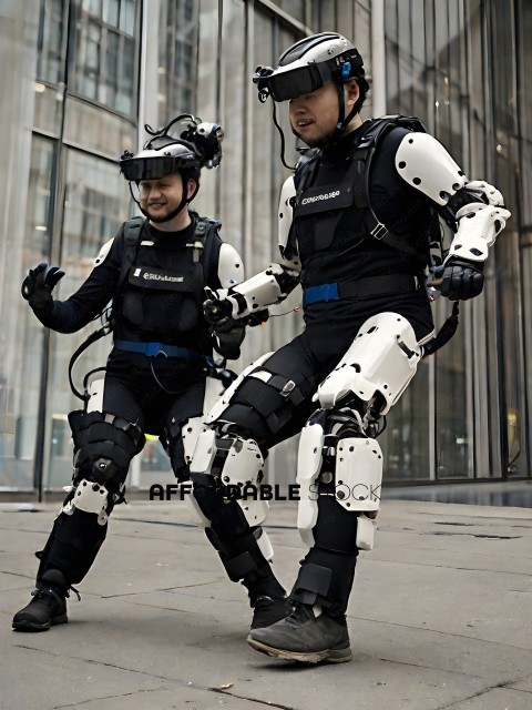 Two men wearing robotic exoskeletons