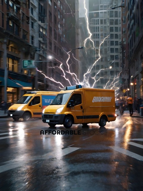 A yellow truck with a lightening bolt on the side
