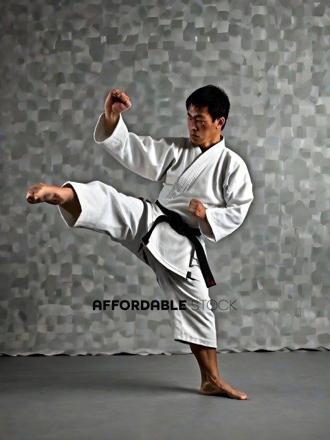 A man in a white karate uniform kicking his leg out