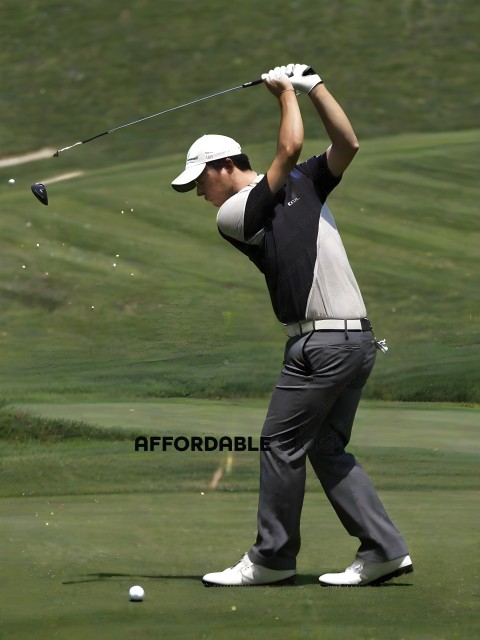 A golfer in a black and white shirt swings his club