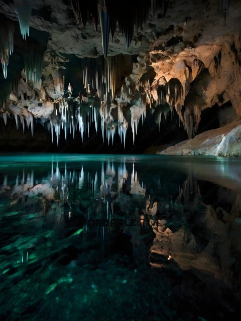 A cave with a lake and stalactites