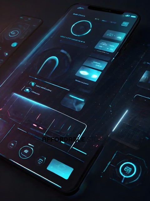 A futuristic computer screen with a blue background