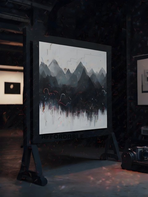 A black and white painting of mountains