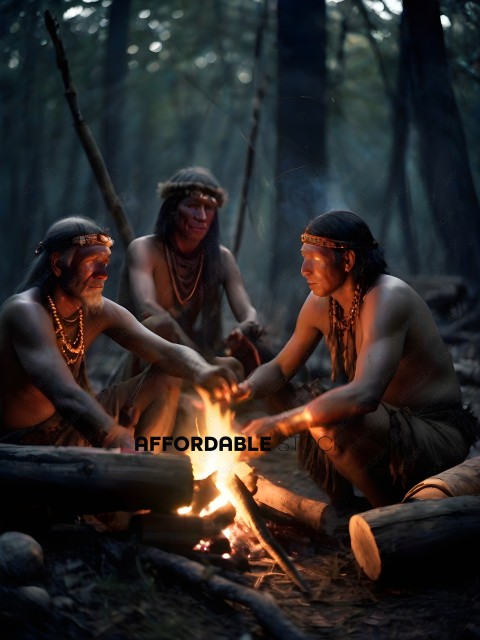 Native American men sitting around a fire