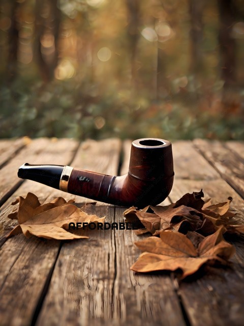 A brown pipe with a black stem sitting on a wooden table with leaves