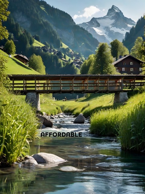 A bridge over a stream with a mountain in the background