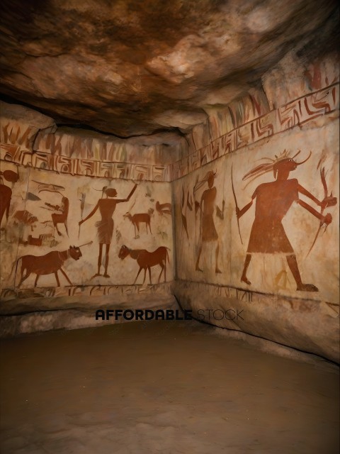 A cave painting of a man holding a spear