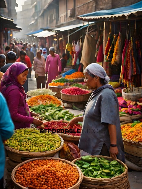 A woman in a gray shirt and white headscarf is standing in front of a table of produce