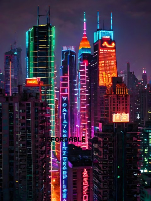 A cityscape at night with neon lights