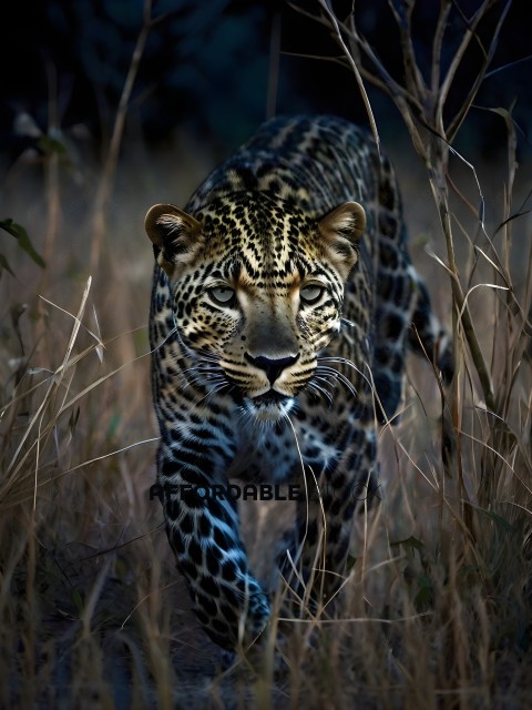 A leopard walking through tall grass