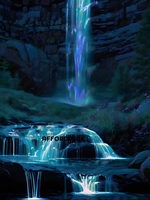 A waterfall with a blue light shining on it