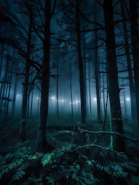 A forest at night with a misty atmosphere