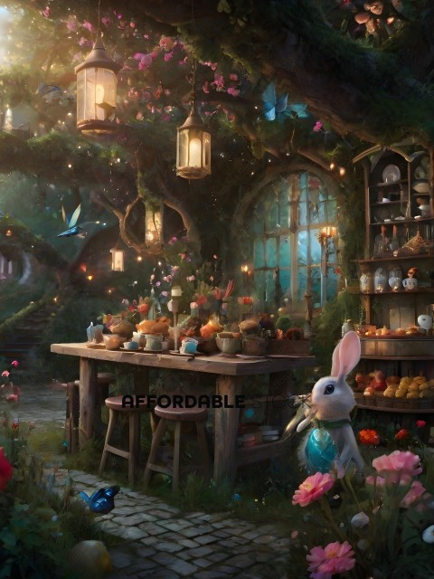 A whimsical scene of a bunny and a table full of treats