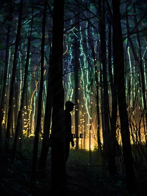 A person standing in the middle of a forest with a glowing light