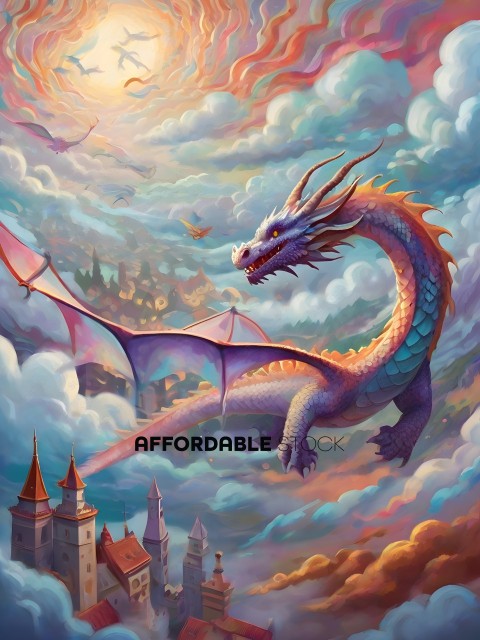 A dragon flying over a city with a castle in the background