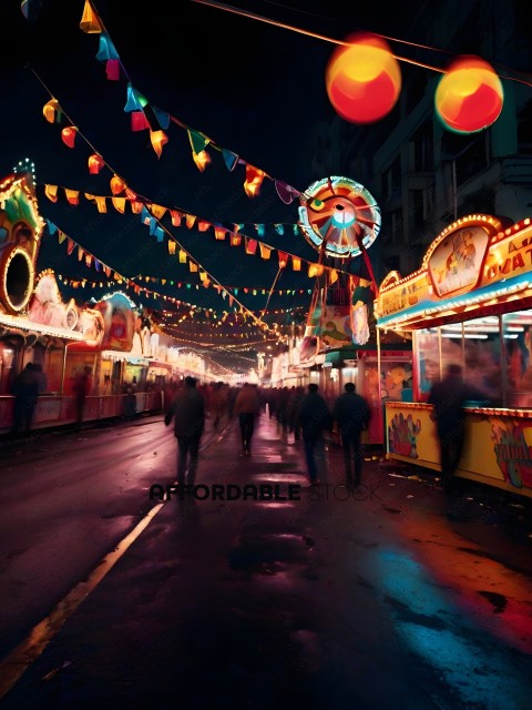 People walking on a street at night with colorful lights