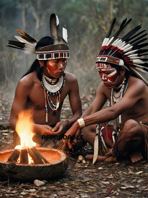 Two Native American men sitting by a fire