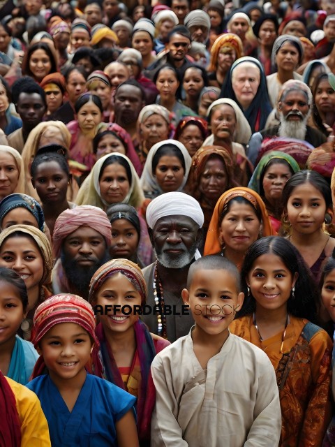 A large group of people, including children, wearing colorful head coverings
