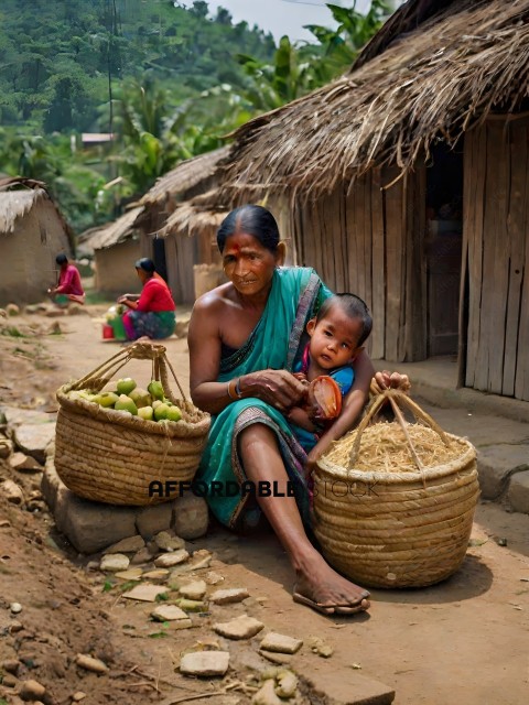 A woman and child sitting on the ground with baskets of fruit