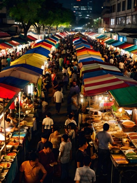 A crowded market with many people and colorful umbrellas
