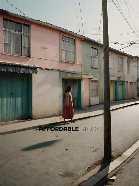 A woman walking down a street in a foreign country