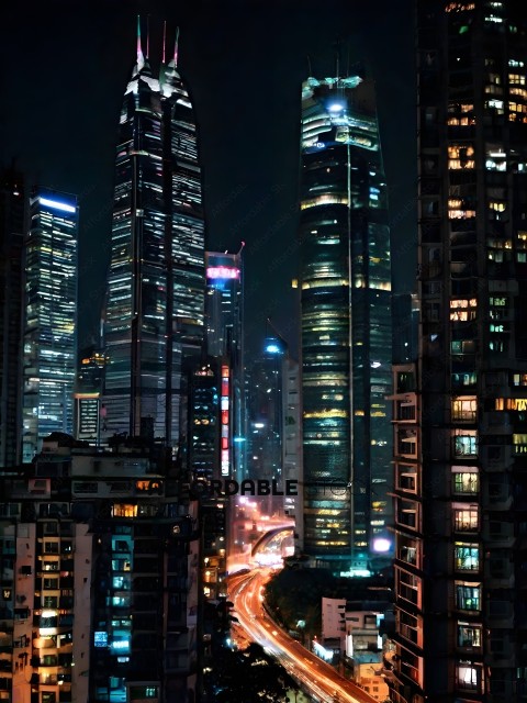 A cityscape at night with a busy street and tall buildings