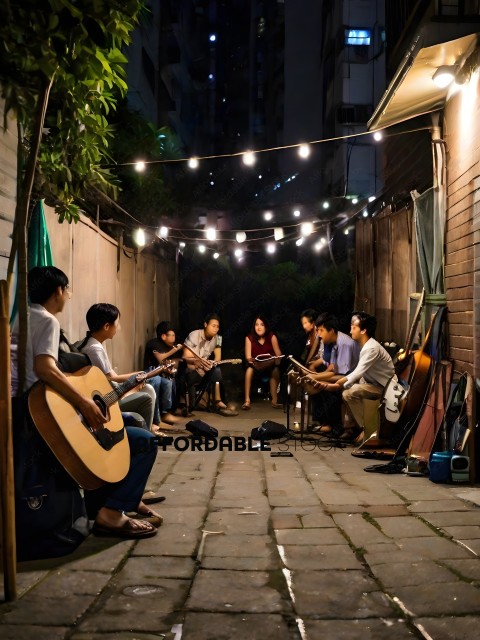 A group of people playing instruments outside at night