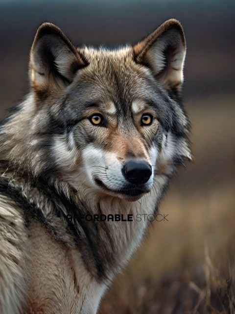 Wolf with a muzzle and eyes looking at the camera